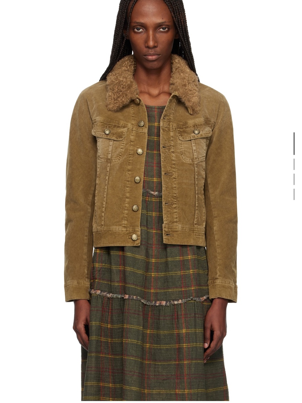 R13 Corduroy Jean Jacket with Faux-Shearling Collar - Tan
